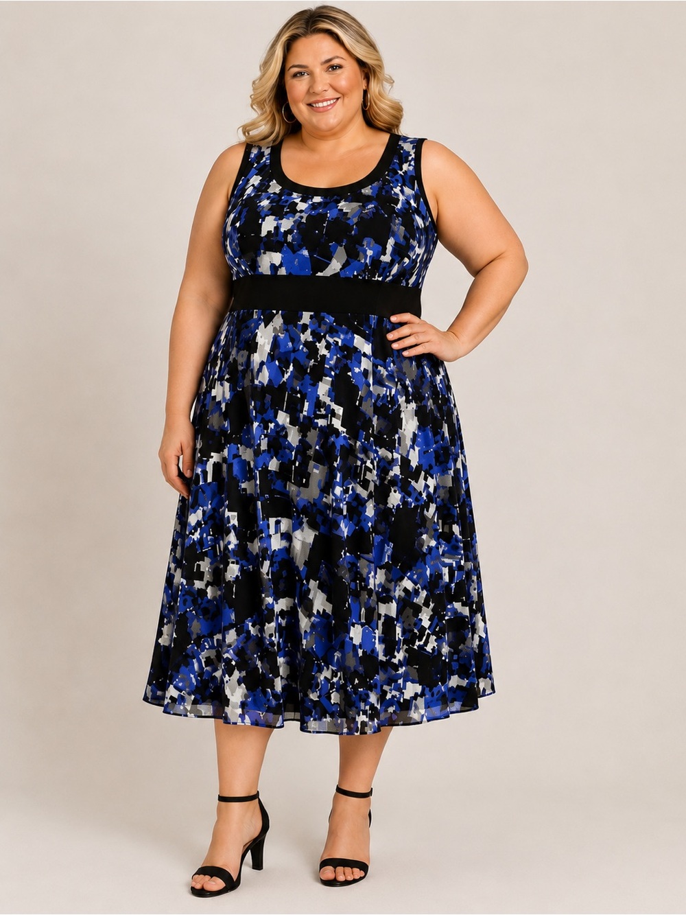Dressbarn Blue Black Abstract Sleeveless Fit & Flare Midi Dress Plus Size 22